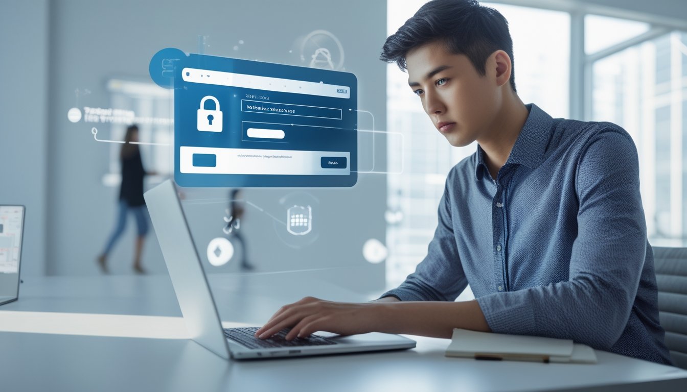Seseorang sedang menggunakan laptop di meja yang rapi dengan tampilan layar pendaftaran akun yang aman dan terpercaya.
