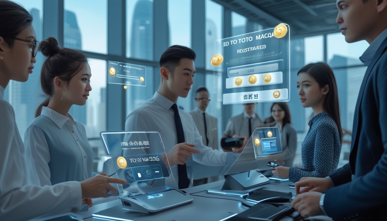 Beberapa orang muda sedang menggunakan perangkat digital untuk mendaftar akun secara online di lingkungan modern dengan pemandangan kota Macau di latar belakang.