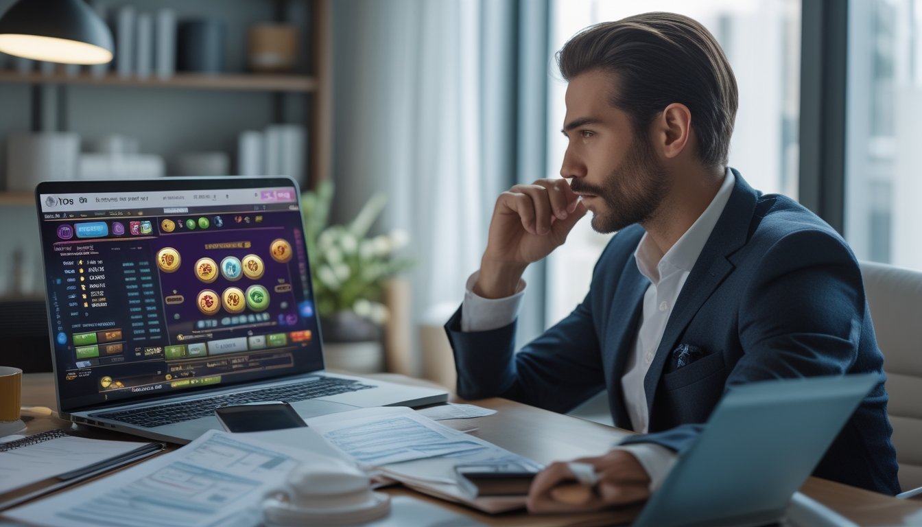 Seorang pria fokus mengelola modal saat bermain Toto Macau 3D di depan laptop dengan dokumen dan catatan di meja.
