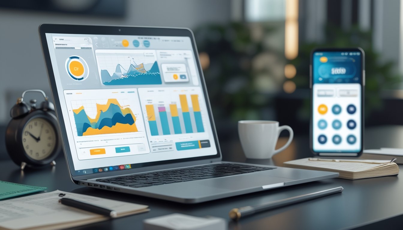 Meja kerja dengan laptop yang menampilkan grafik keuangan, smartphone dengan aplikasi taruhan digital, dan alat tulis di sekitarnya.