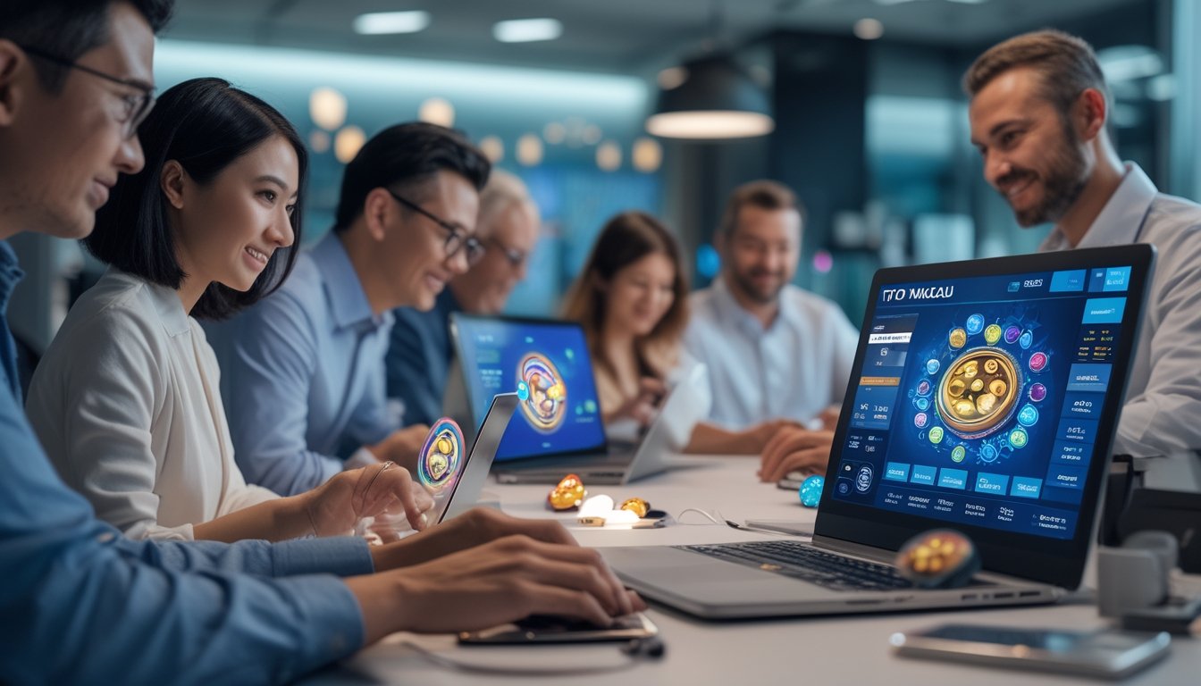 Beberapa orang menggunakan laptop dan ponsel dengan tampilan permainan 3D di layar, di ruang yang terang dan modern dengan simbol keamanan di latar belakang.