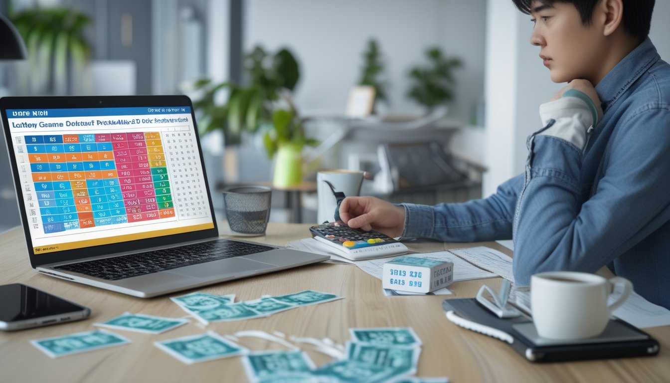 Seseorang sedang menghitung peluang menang permainan Toto Macau 3D di meja dengan laptop, tiket lotre, kalkulator, dan catatan.
