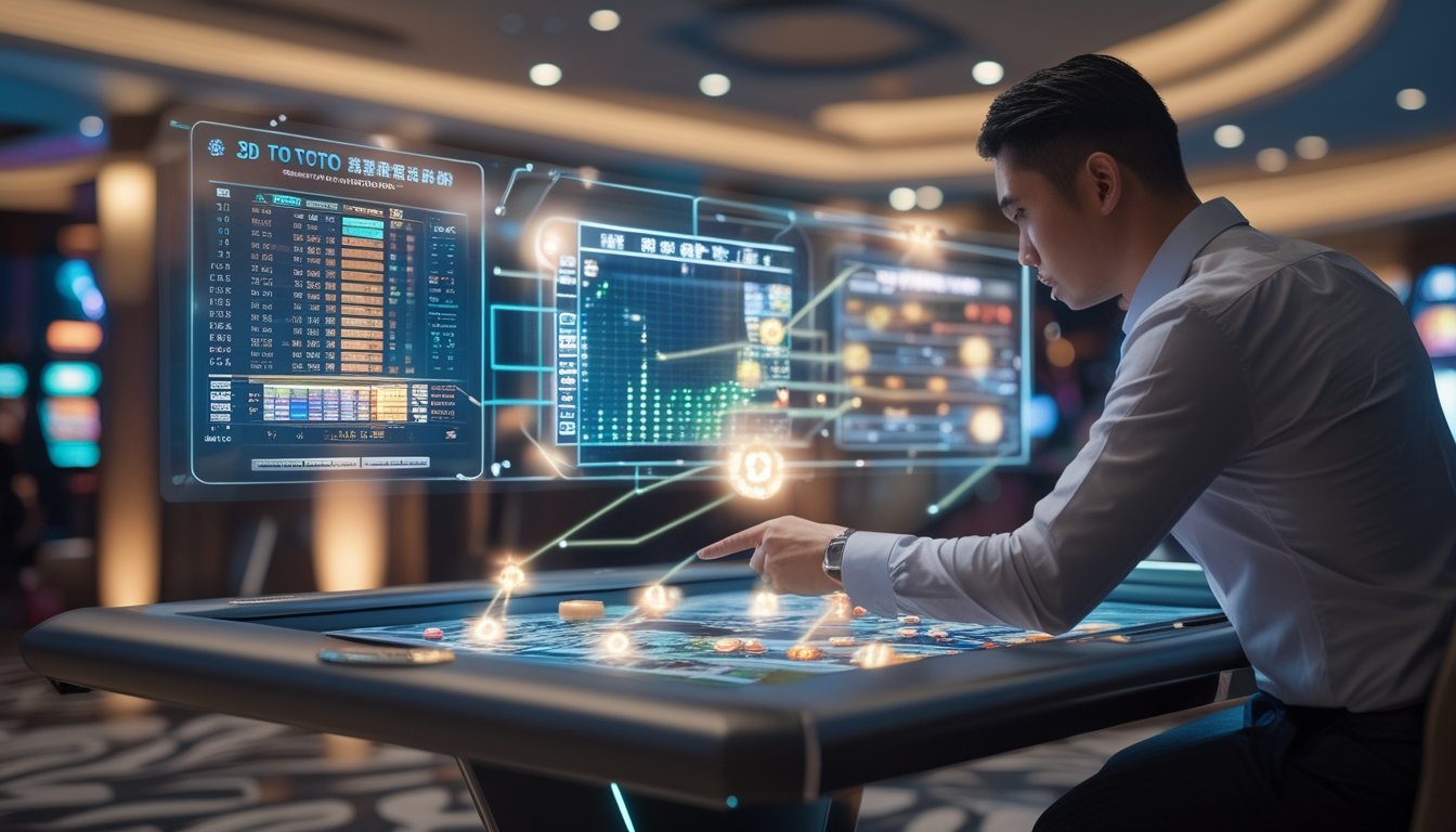 Seorang pemain fokus menggunakan antarmuka digital untuk menghitung peluang menang dalam permainan Toto Macau 3D di sebuah ruang permainan modern.
