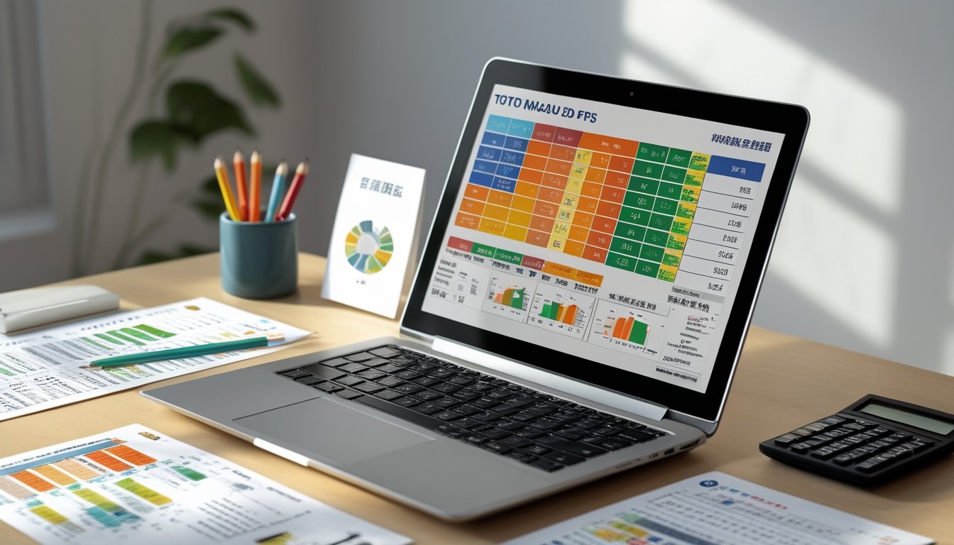 Meja kerja dengan laptop yang menampilkan grafik dan data angka, serta kertas, kalkulator, dan pena di sekitarnya.