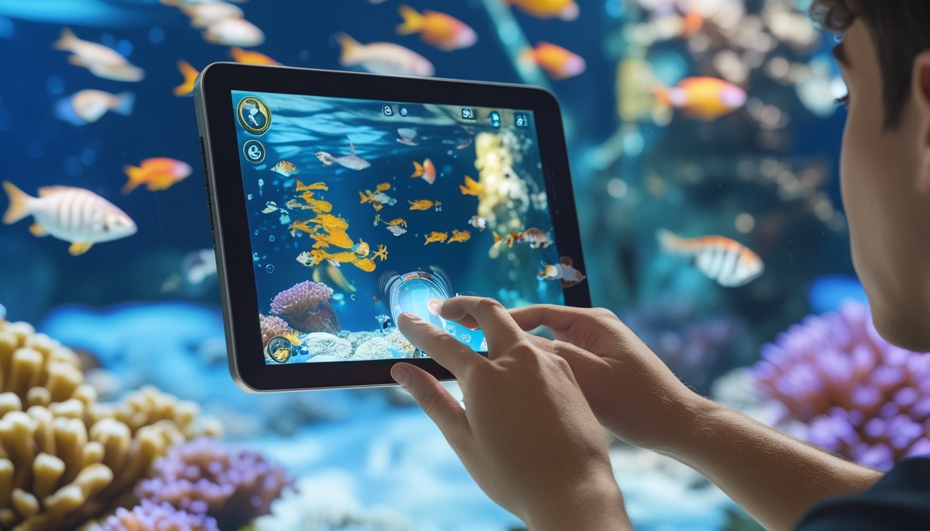 Seorang pemain muda sedang menggunakan tablet untuk bermain permainan tembak ikan 3D dengan latar bawah laut penuh warna dan ikan-ikan yang berenang.