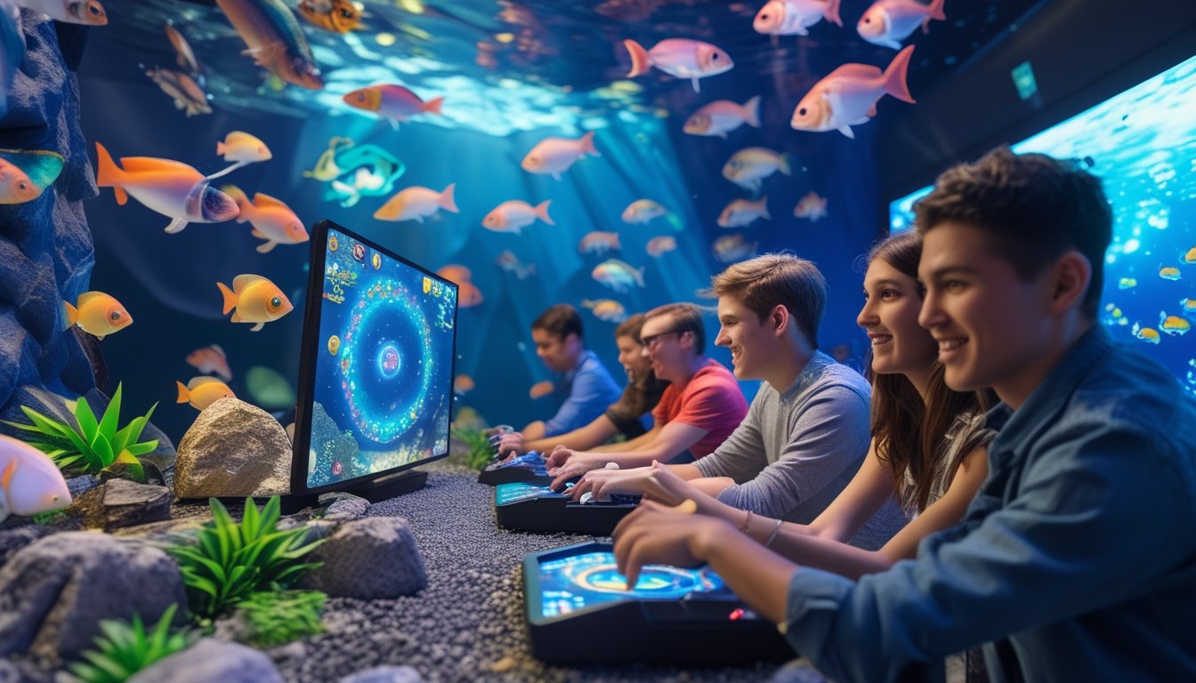 Orang-orang muda sedang bermain permainan tembak ikan 3D dengan latar bawah laut penuh ikan berwarna-warni.