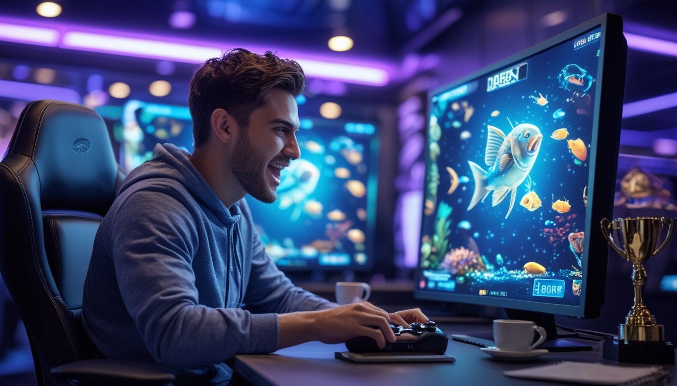 Seorang pria muda fokus bermain permainan menembak ikan 3D di layar besar di sebuah ruangan permainan dengan pencahayaan biru dan ungu.