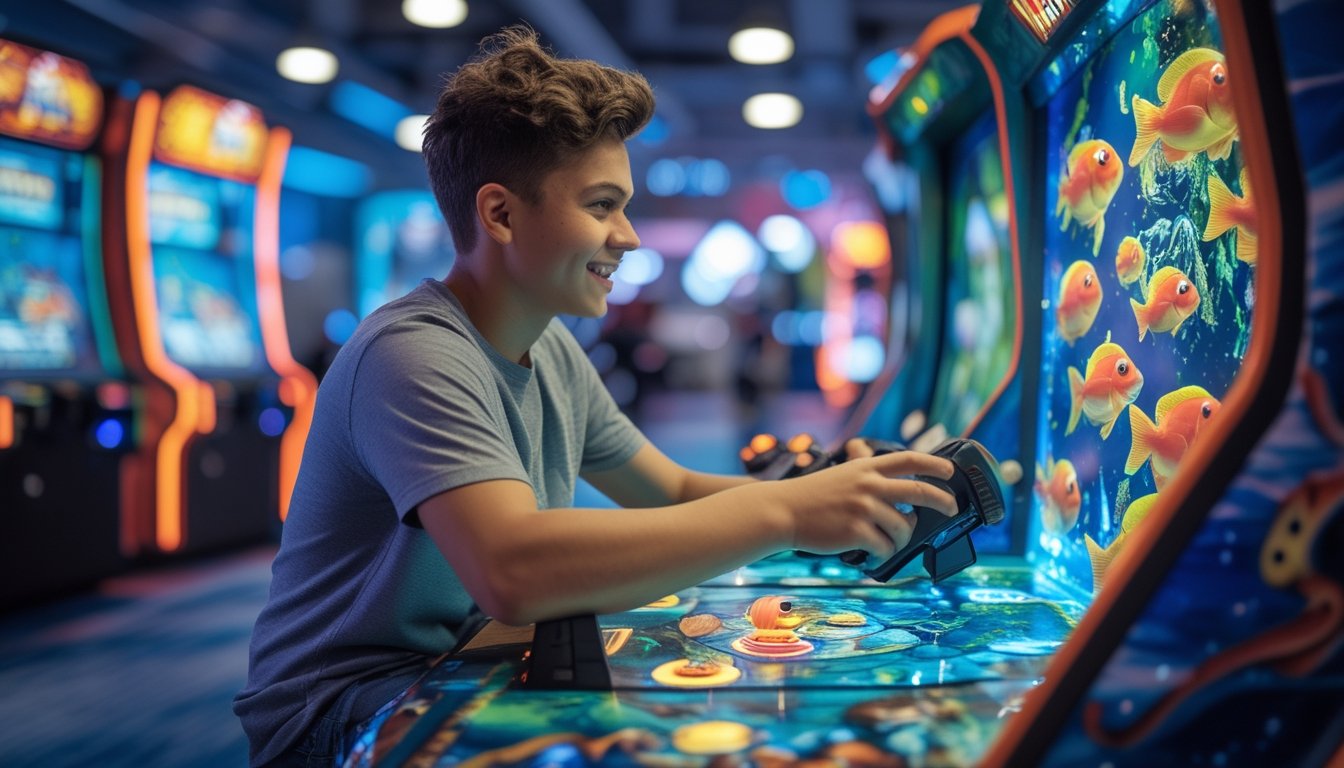 Seseorang sedang bermain mesin tembak ikan 3D di arcade dengan fokus dan suasana cerah.
