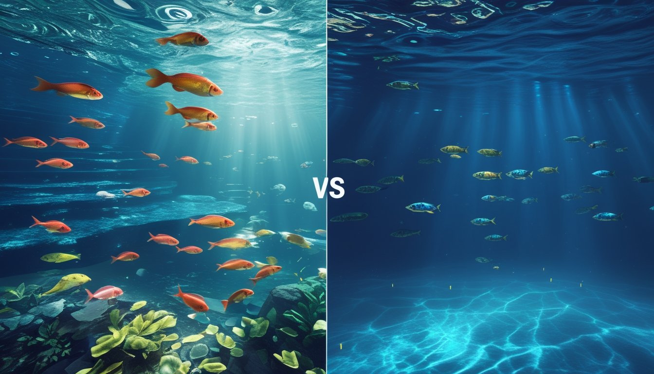 Gambar perbandingan antara permainan tembak ikan versi 3D dengan tampilan bawah laut yang realistis dan berwarna-warni di sebelah kiri, dan versi 2D dengan tampilan sederhana dan datar di sebelah kanan.