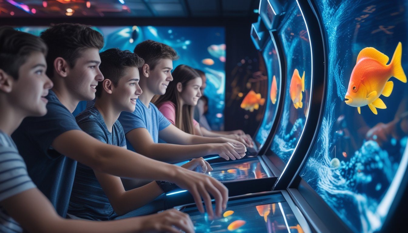 Sekelompok orang bermain permainan tembak ikan 3D di ruang arcade dengan layar berwarna cerah dan efek bawah laut.