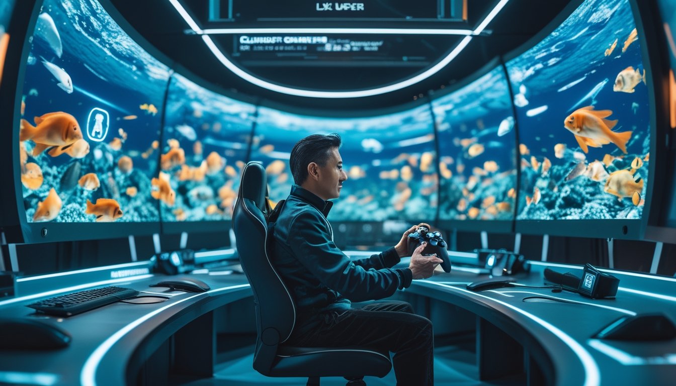 Seorang pemain dewasa sedang bermain game menembak ikan 3D di depan beberapa layar besar dengan latar bawah laut berwarna biru dan berbagai ikan berwarna-warni.