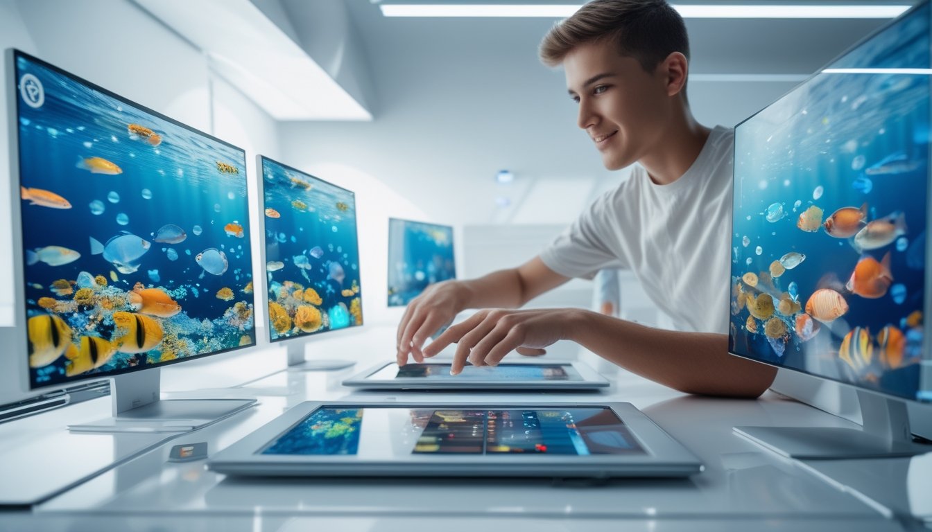 Seseorang menggunakan komputer dengan layar menampilkan adegan ikan 3D yang berwarna-warni dalam suasana yang modern dan aman.