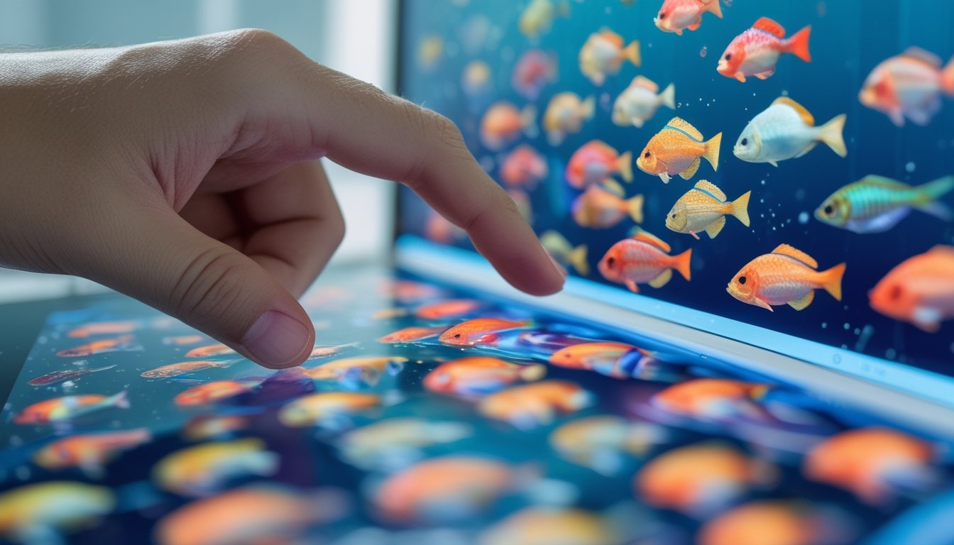 Seseorang sedang melihat dan menunjuk pola ikan pada layar perangkat digital dengan gambar ikan 3D yang berwarna-warni.