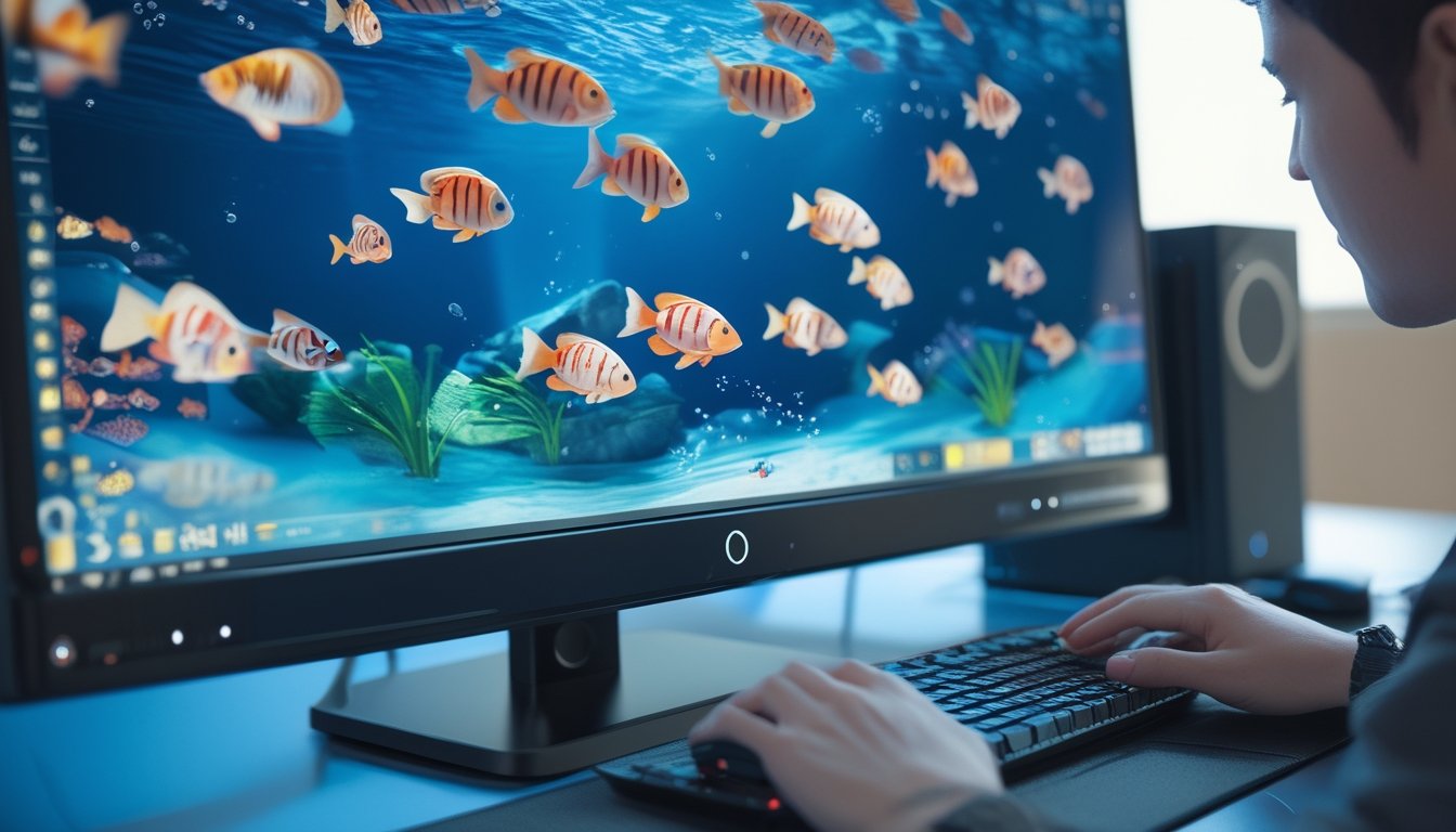 Seorang pemain game sedang menggunakan komputer dengan layar menampilkan ikan-ikan bergerak dalam pola di permainan tembak ikan 3D.