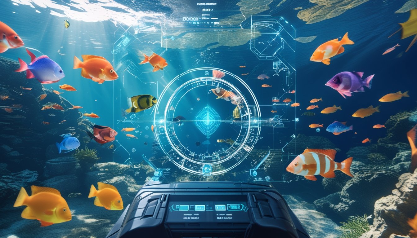 Pemandangan bawah laut dengan berbagai ikan berwarna-warni dan elemen antarmuka permainan 3D yang futuristik.