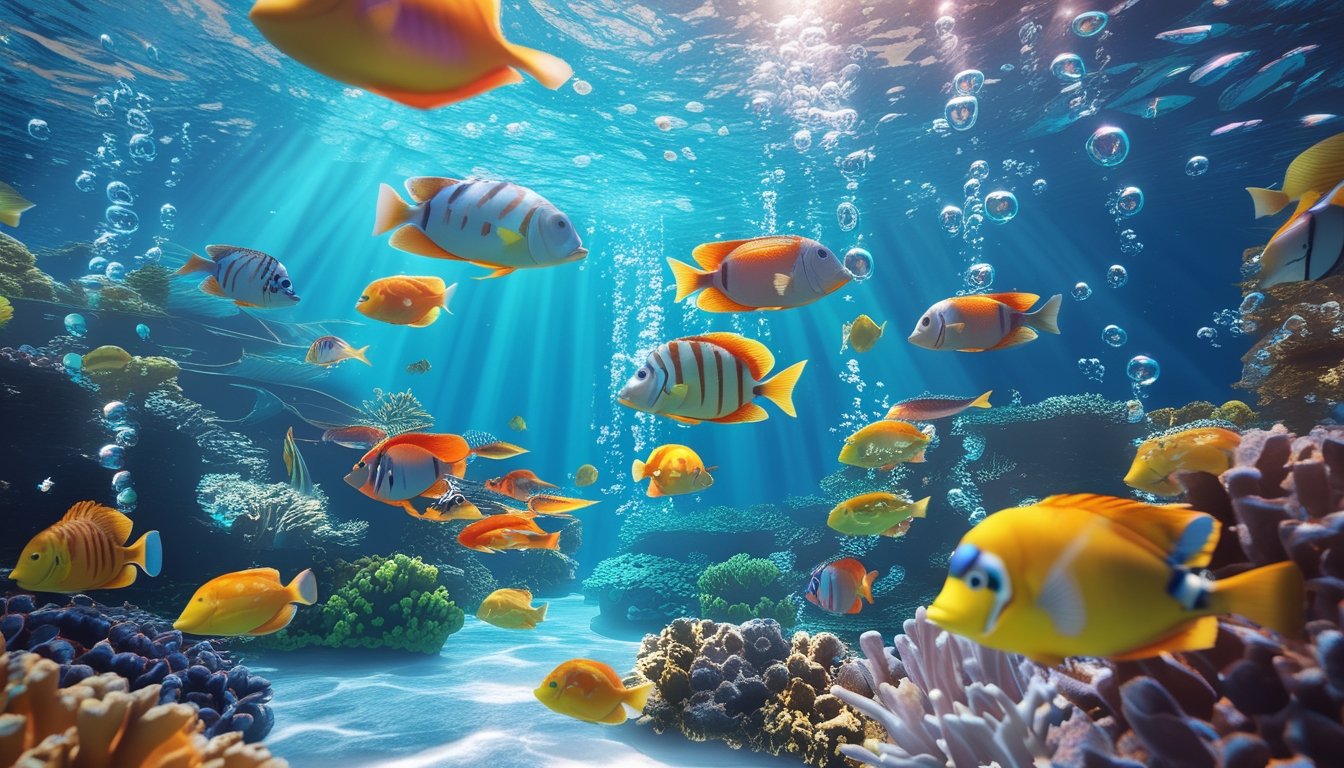 Pemandangan bawah laut dengan berbagai ikan warna-warni dan terumbu karang, menampilkan suasana permainan tembak ikan 3D.