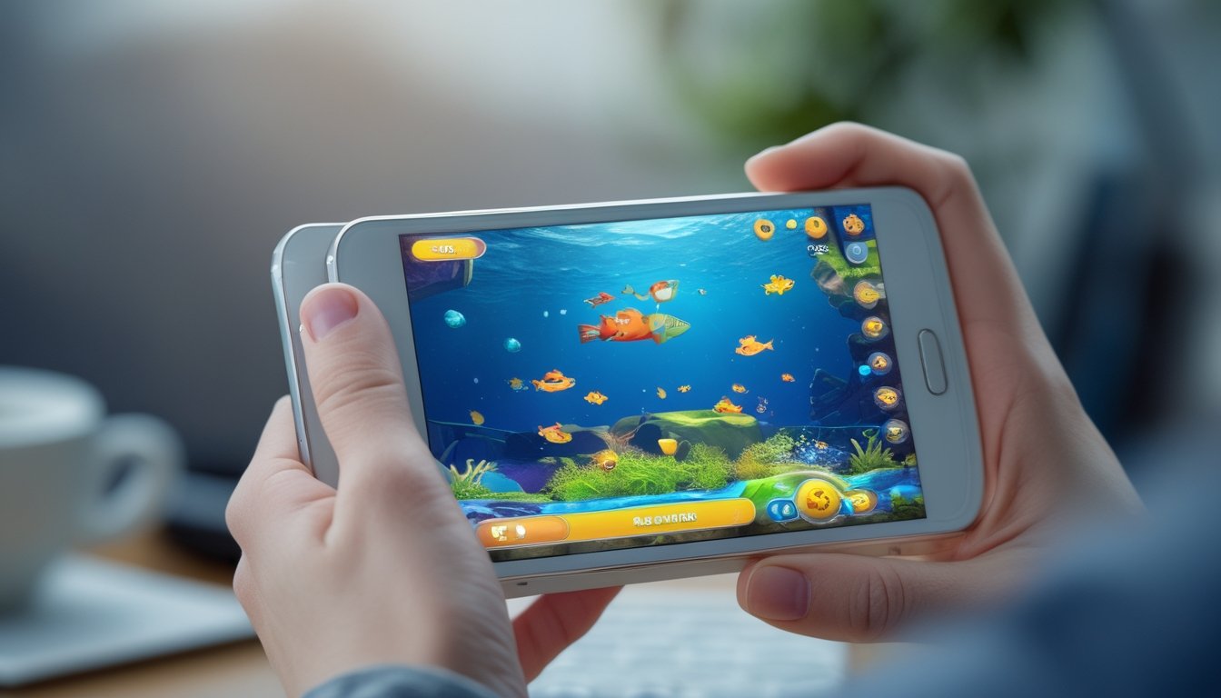 Seseorang memegang smartphone yang menampilkan permainan tembak ikan 3D di layar.