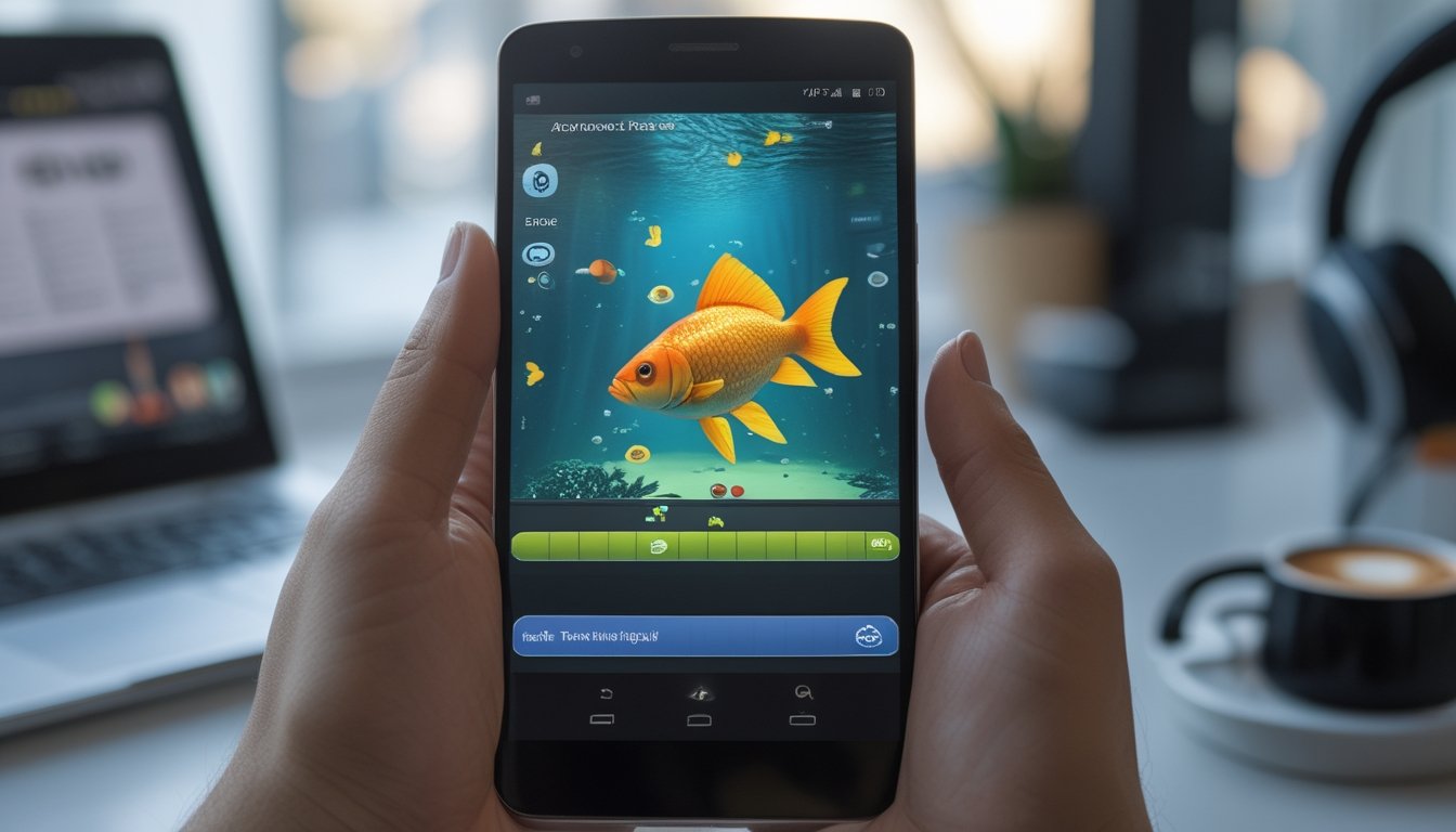 Seseorang memegang smartphone yang menampilkan permainan tembak ikan 3D di layar.