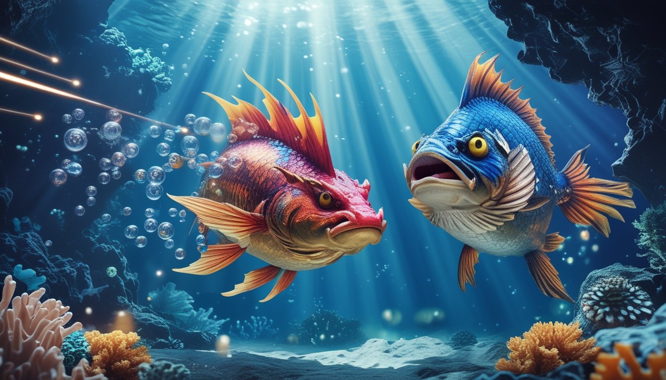 Adegan bawah laut dengan ikan naga besar dan ikan bos besar di tengah lingkungan laut yang penuh warna dan terumbu karang.