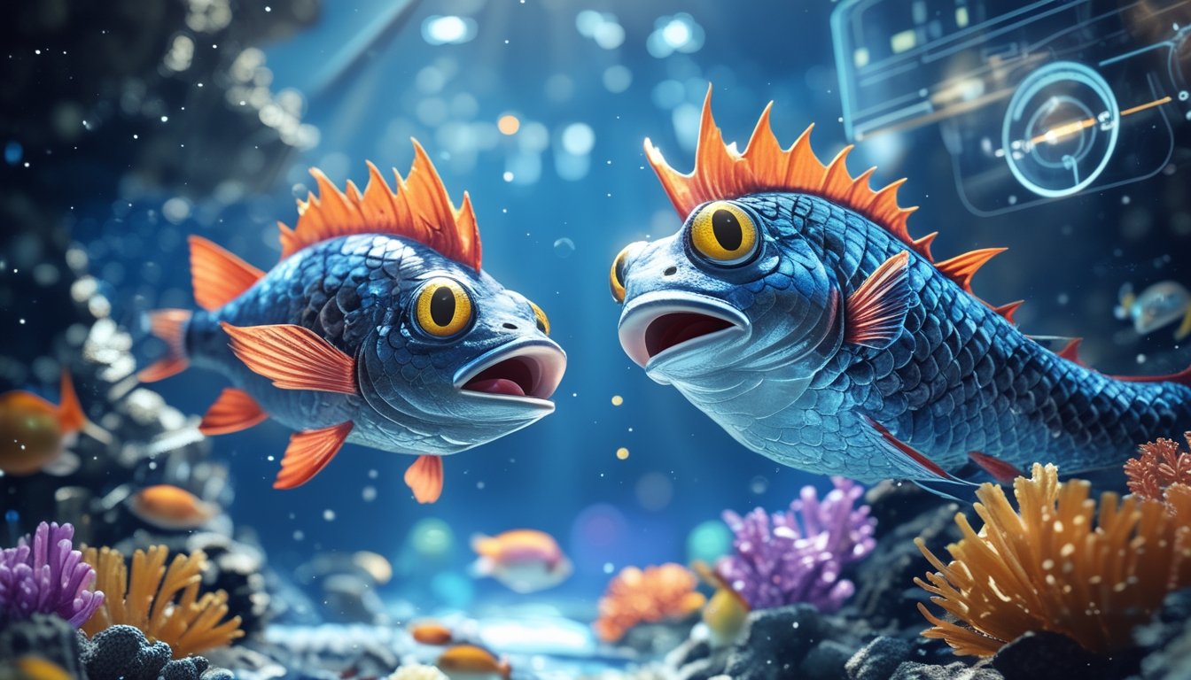 Adegan bawah laut dengan ikan naga besar dan ikan bos sedang berenang di terumbu karang yang berwarna-warni.