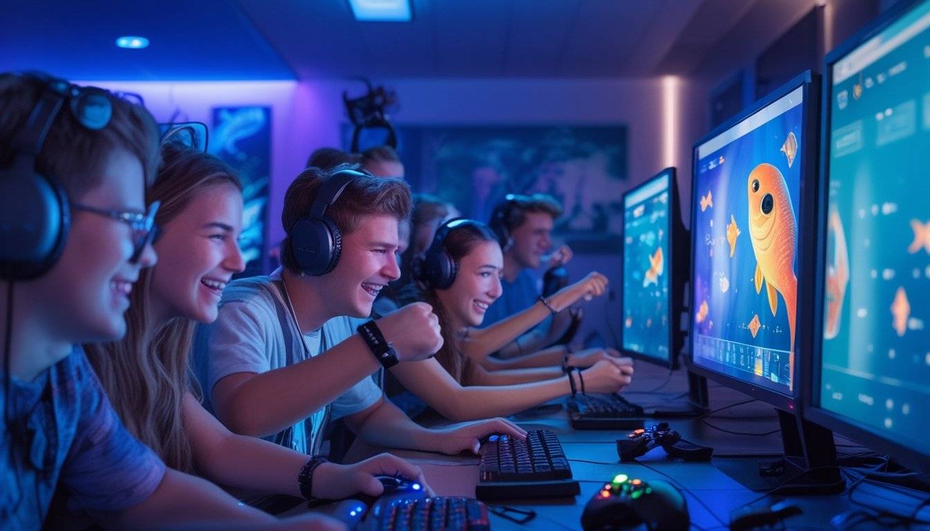 Sekelompok pemain game sedang asyik bermain game tembak ikan 3D di sebuah ruangan gaming dengan layar komputer besar dan pencahayaan warna biru dan ungu.
