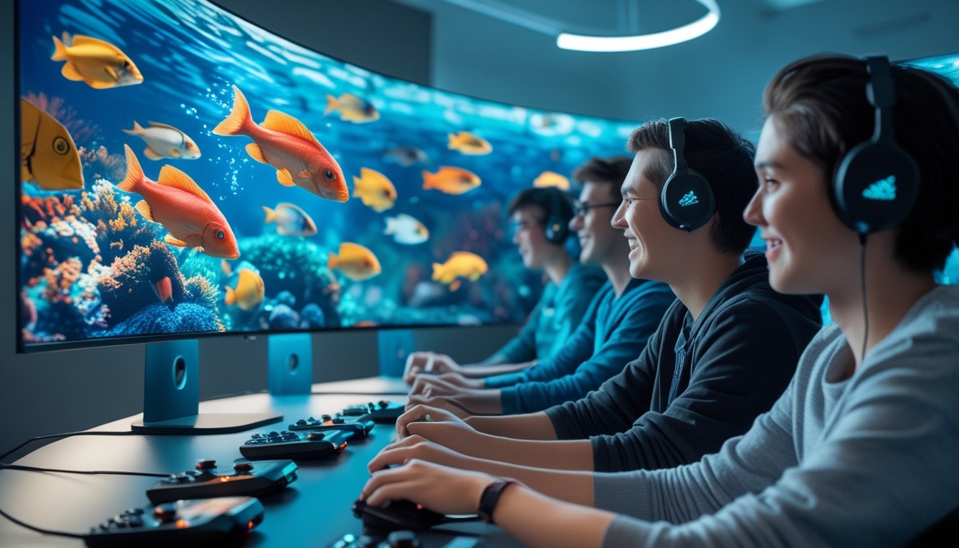 Seorang kelompok gamer sedang bermain game tembak ikan 3D dengan layar besar yang menampilkan ikan berwarna-warni di bawah air.