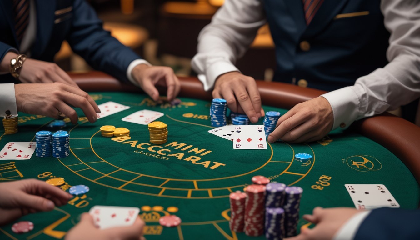 Tampilan dekat meja kasino dengan permainan Mini Baccarat sedang berlangsung, menunjukkan kartu, chip, dan tangan pemain serta dealer.