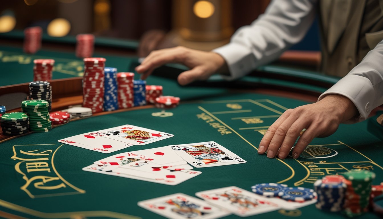 Meja kasino Mini Baccarat dengan kartu dan tumpukan chip, serta tangan pemain yang sedang mengambil kartu.
