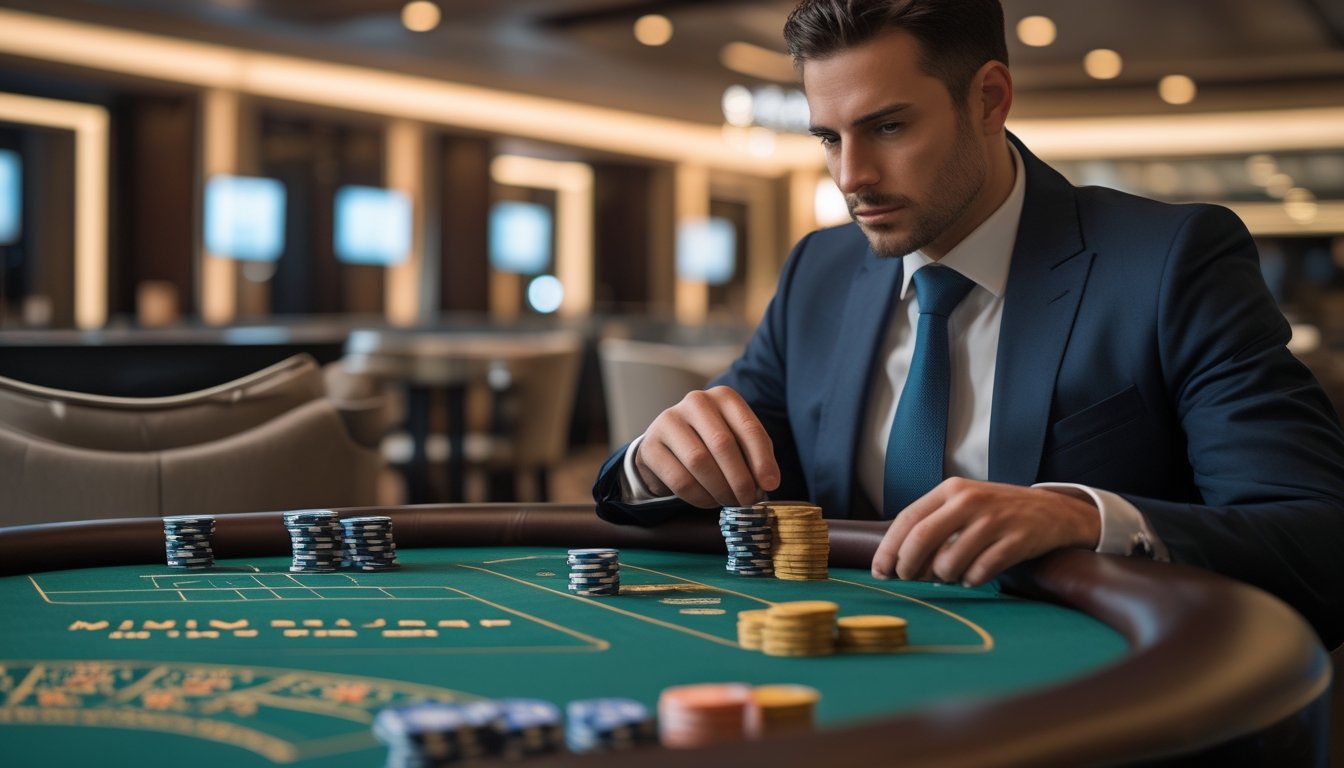Seorang pria berpakaian rapi sedang fokus bermain mini baccarat di meja kasino dengan kartu dan chip.