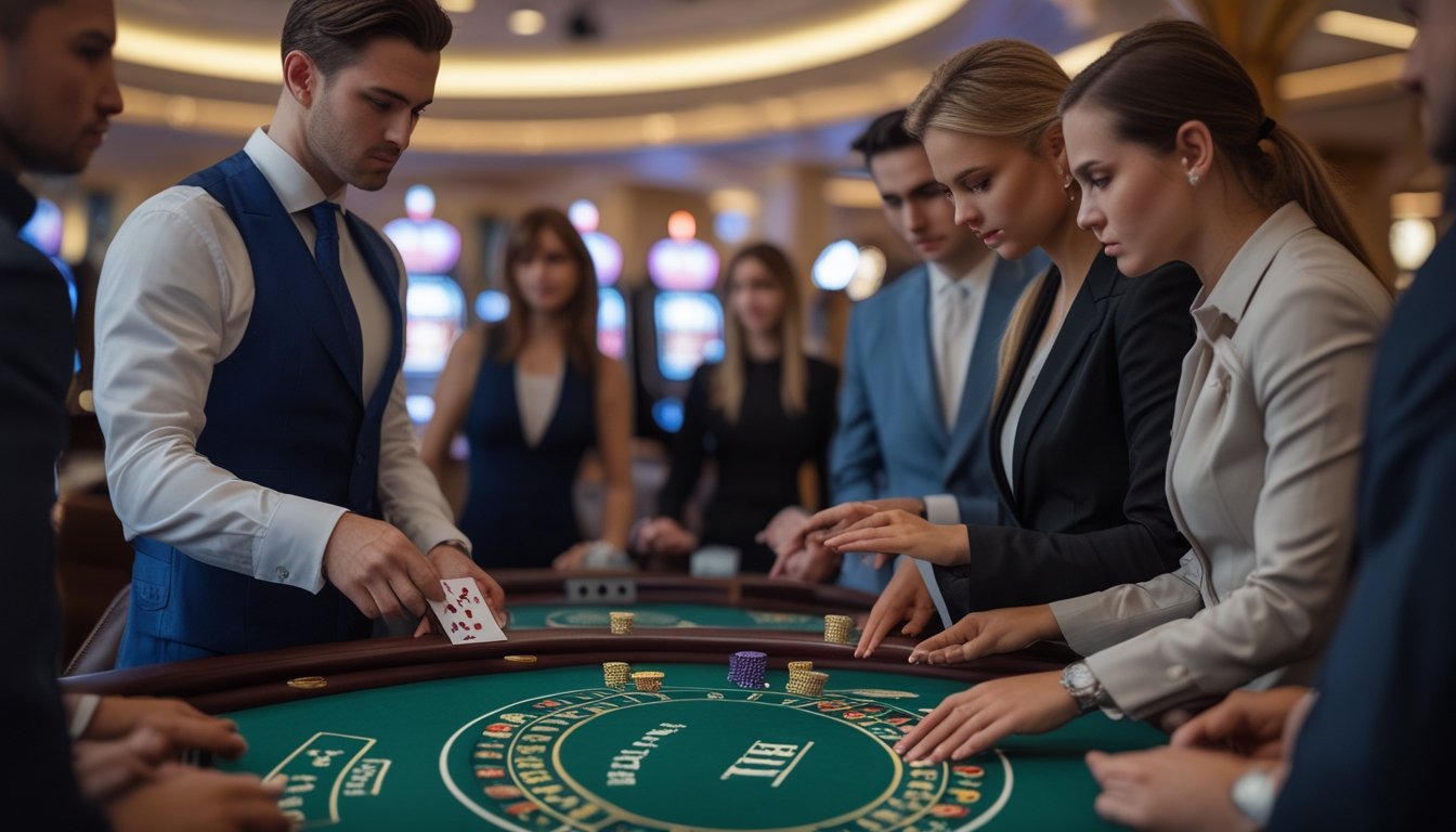 Seorang dealer dan pemain yang fokus bermain Mini Baccarat di meja kasino dengan suasana profesional.