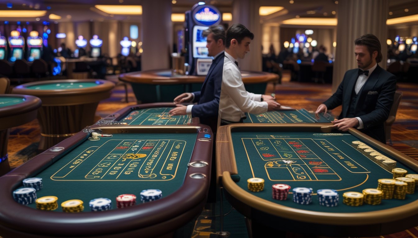 Dua meja kasino berdampingan, satu meja Mini Baccarat yang kecil dengan beberapa pemain dan satu meja Baccarat Klasik yang lebih besar dengan lebih banyak pemain dan dealer.