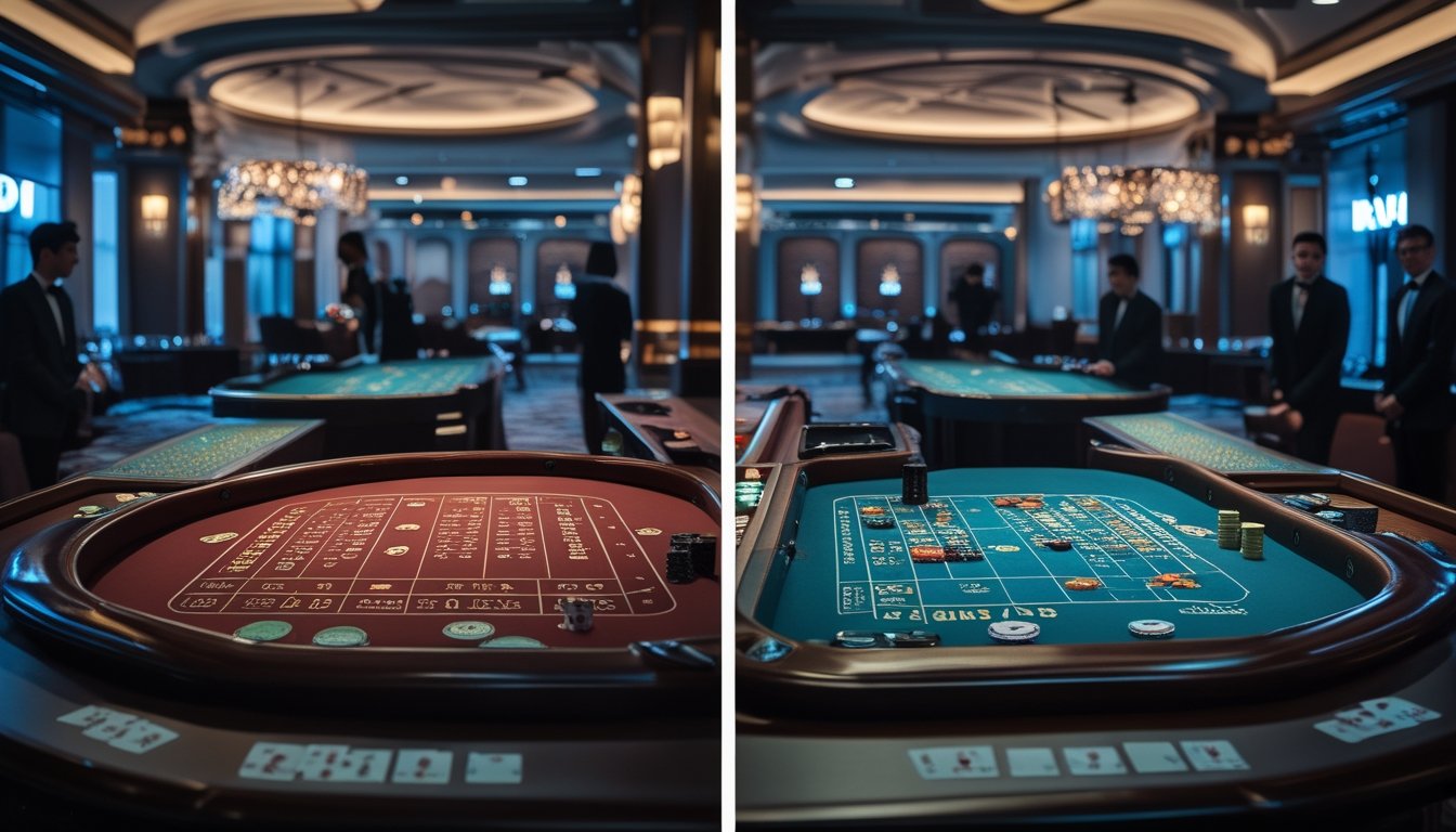 Meja kasino dengan dua jenis permainan baccarat, satu meja kecil Mini Baccarat dan satu meja besar Baccarat Klasik dengan pemain dan dealer.