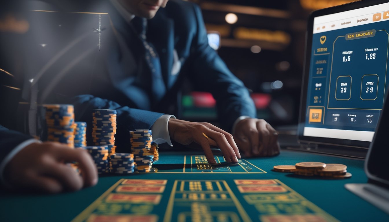 Seorang pemain serius duduk di meja permainan dengan kartu digital dan tumpukan chip, menunjukkan pengelolaan modal saat bermain mini baccarat di kasino daring.