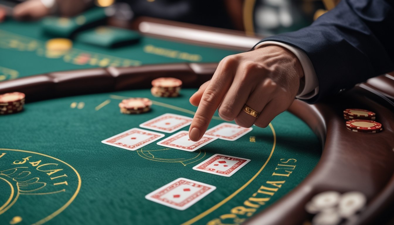 Tangan pemain menunjuk kartu di meja mini baccarat dengan tumpukan chip di atas meja.