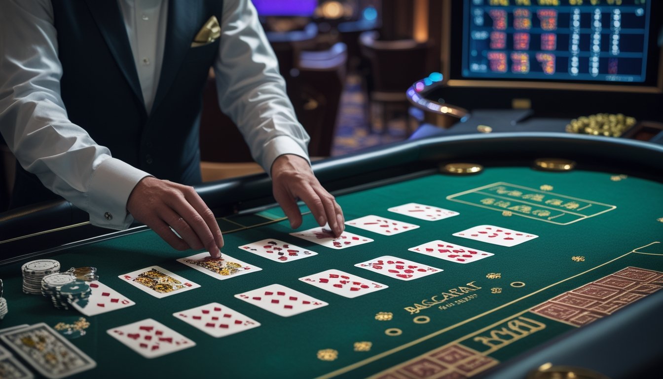 Seorang dealer membagikan kartu di meja Mini Baccarat dengan kartu dan chip terlihat jelas di meja kasino.
