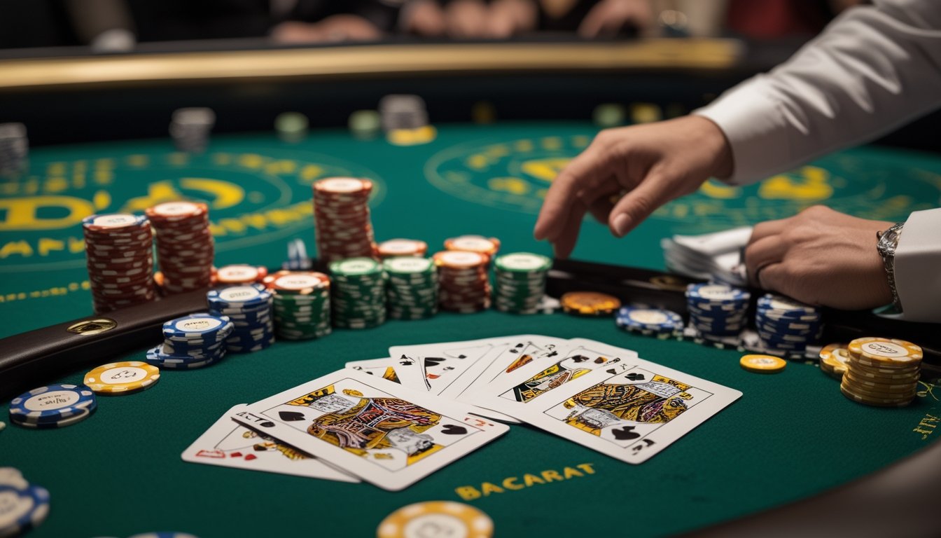 Meja kasino dengan kartu dan chip untuk permainan Mini Baccarat dan meja blackjack di latar belakang.