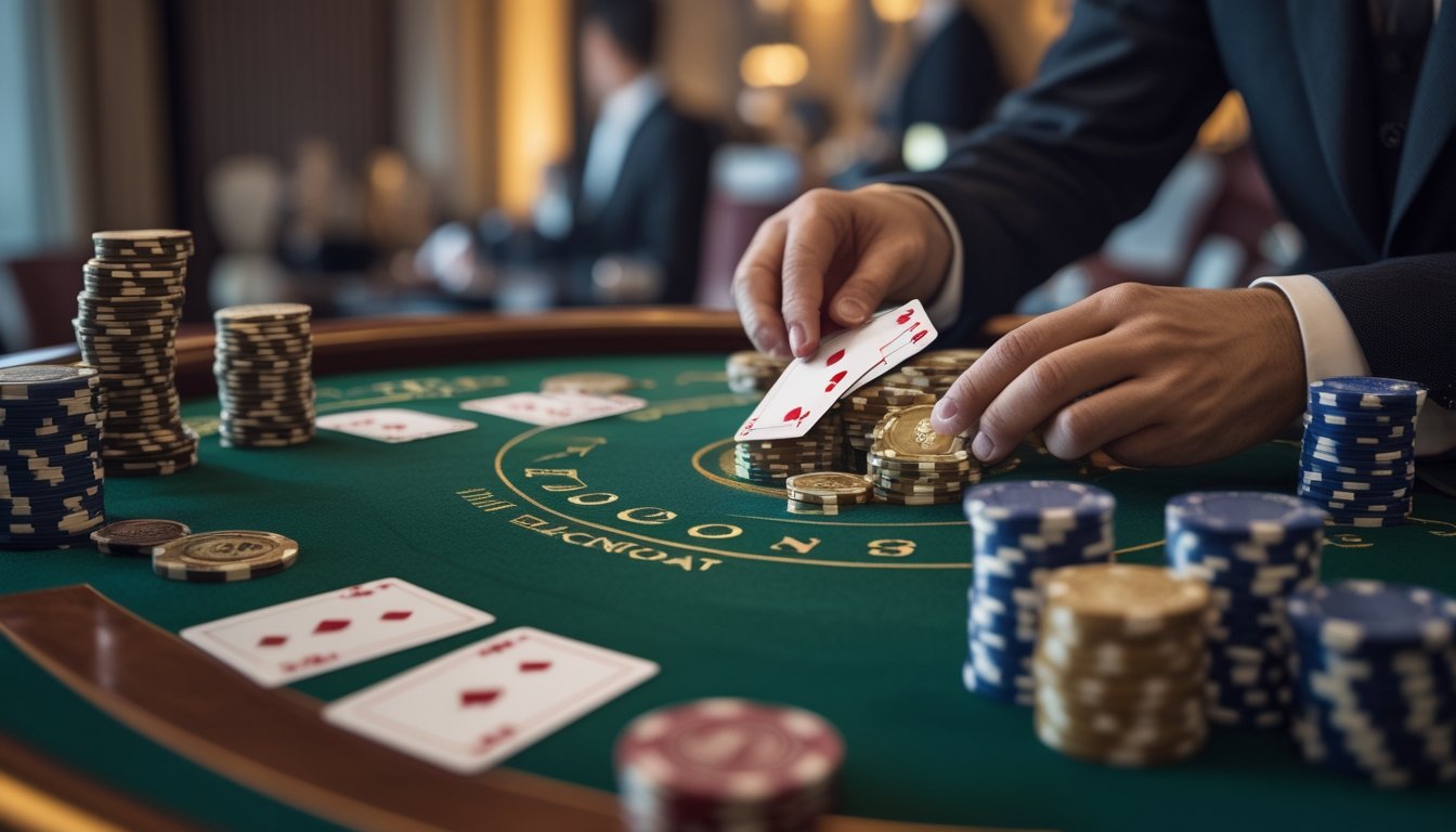 Meja kasino dengan kartu dan chip yang sedang digunakan untuk permainan Mini Baccarat dan Blackjack.