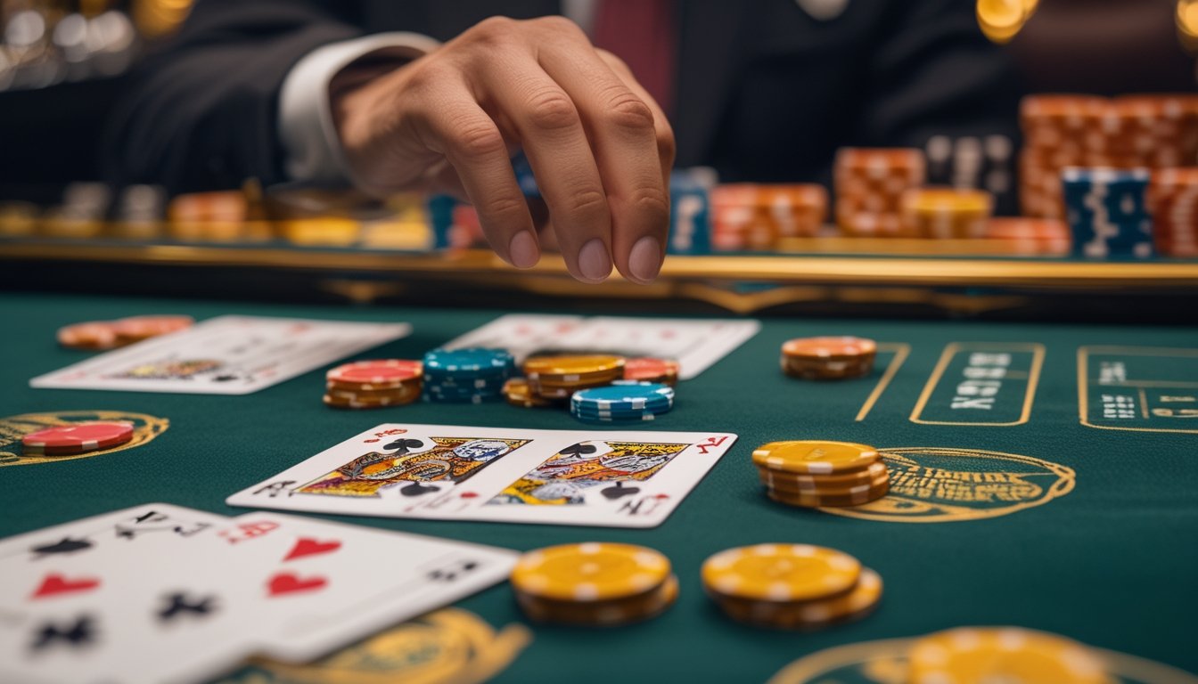 Tangan meletakkan chip taruhan di meja Mini Baccarat dengan kartu dan tumpukan chip di depan area Player dan Banker.