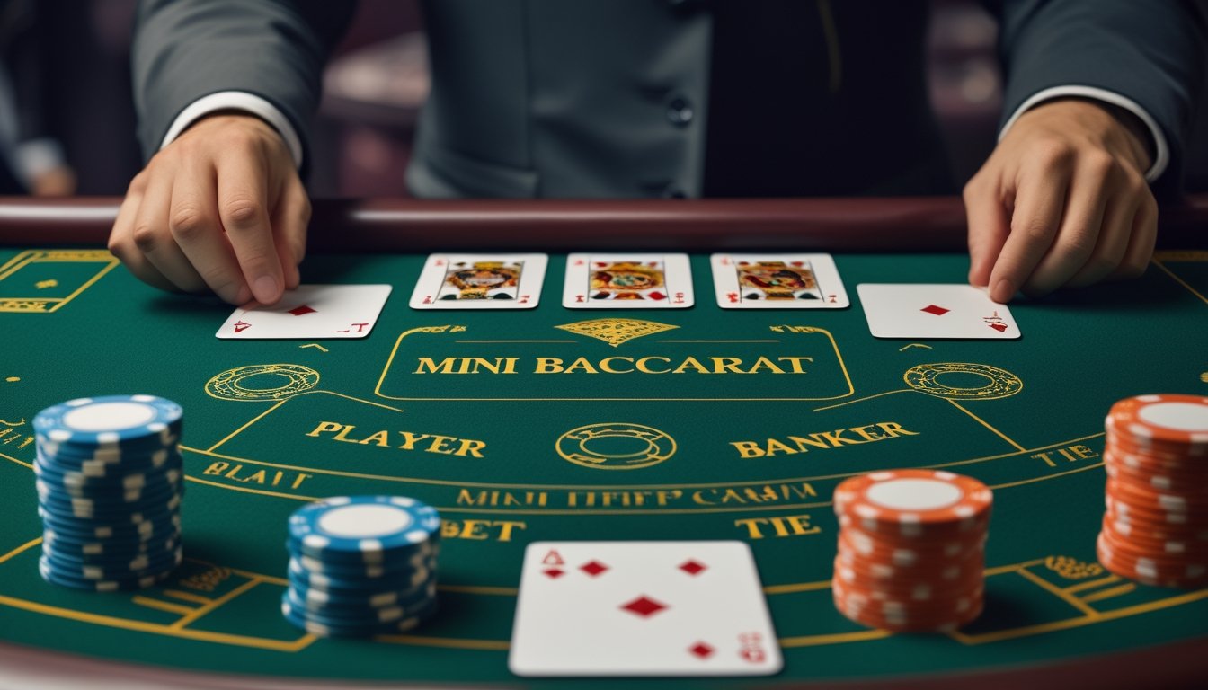Meja kasino Mini Baccarat dengan tumpukan chip dan kartu, serta tangan dealer yang sedang membagikan kartu.
