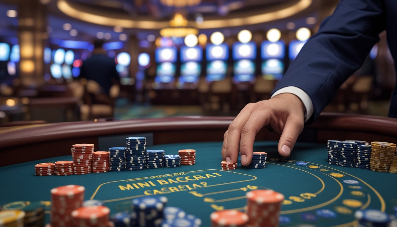 Meja permainan Mini Baccarat di kasino dengan tumpukan chip dan dealer yang sedang mengatur permainan.