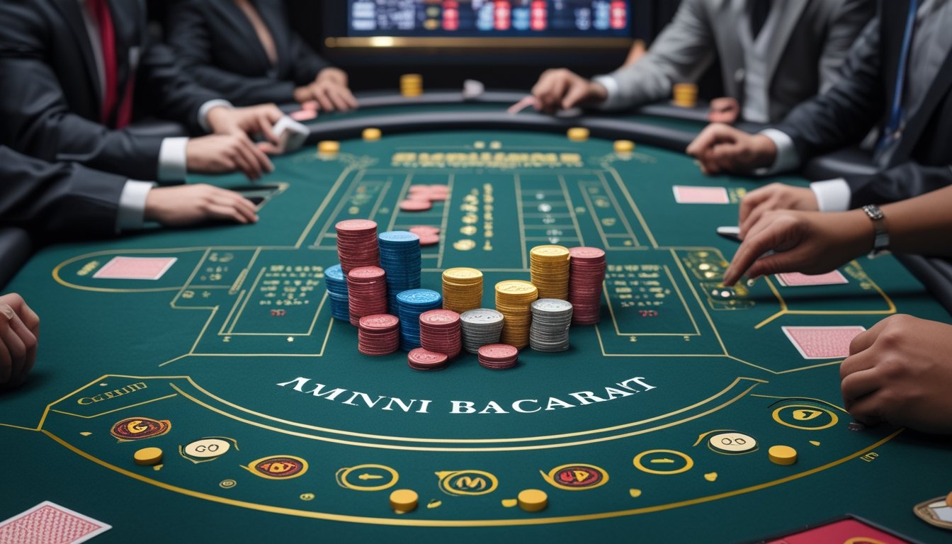 Meja kasino mini baccarat dengan pemain dan dealer, tumpukan chip warna-warni, dan kartu yang sedang dibagikan.