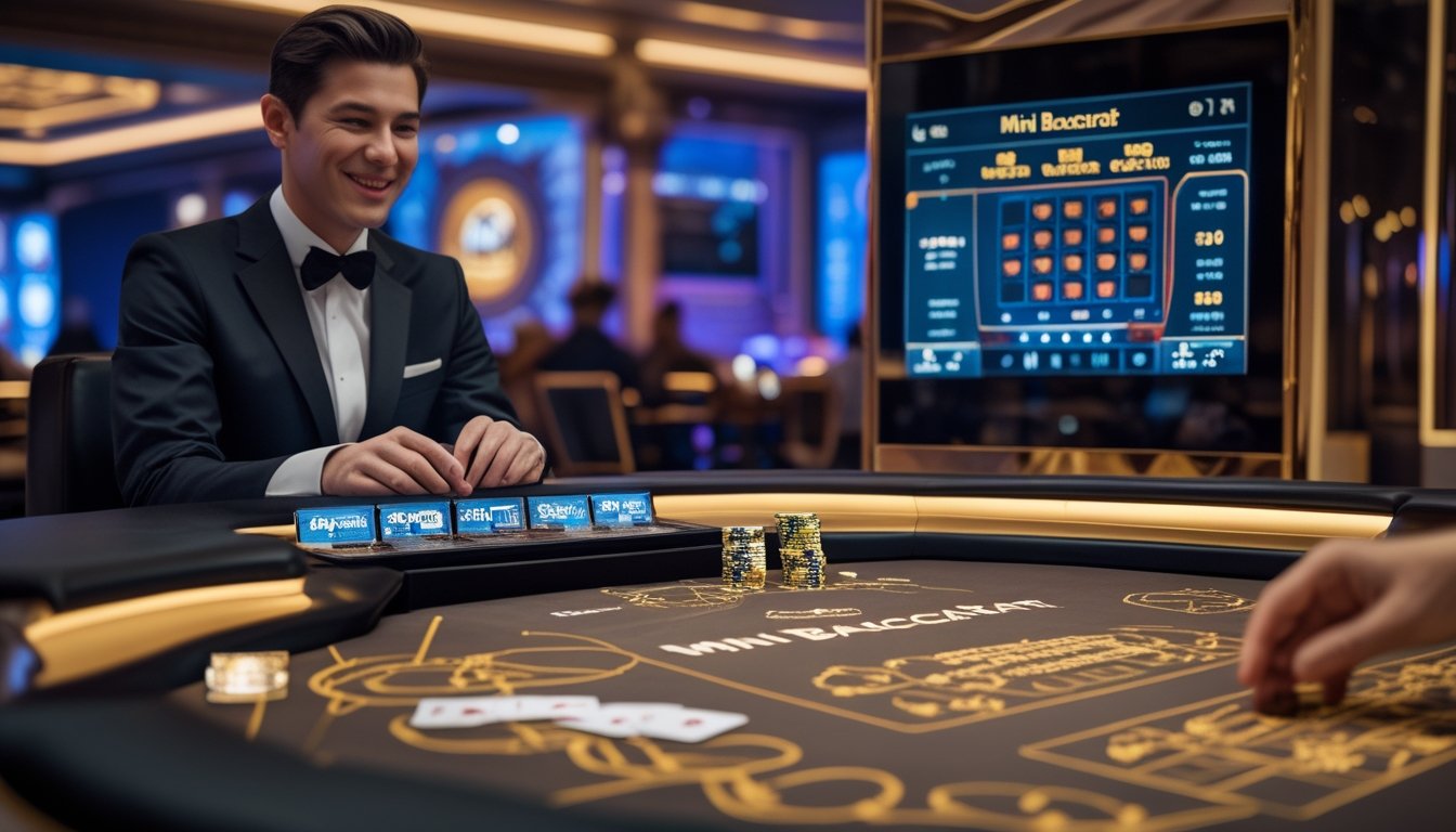 Seorang dealer profesional sedang membagikan kartu Mini Baccarat kepada pemain di meja kasino dengan suasana hidup dan lampu yang hangat.