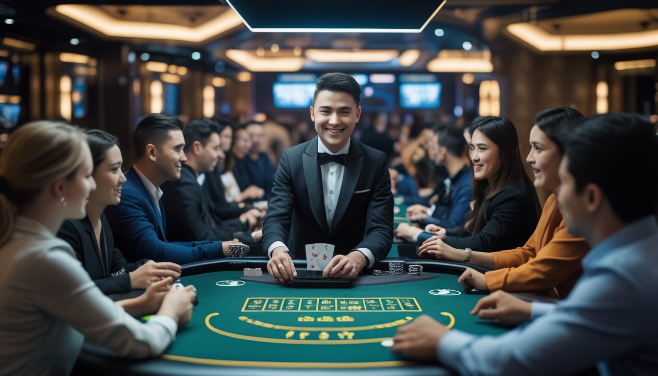 Seorang dealer kasino profesional sedang membagikan kartu Mini Baccarat secara langsung kepada pemain yang bermain melalui perangkat digital di lingkungan kasino modern.