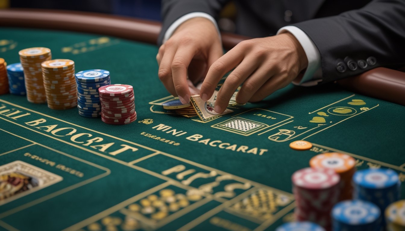 Tangan dealer sedang membagikan kartu di meja permainan Mini Baccarat dengan tumpukan chip kasino di atas meja hijau.