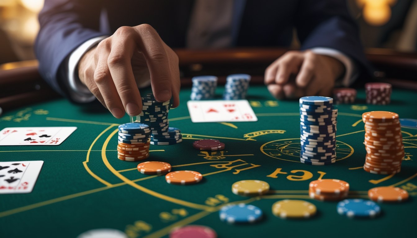 Meja kasino Mini Baccarat dengan kartu dan chip taruhan, seorang pemain sedang menaruh chip di meja.
