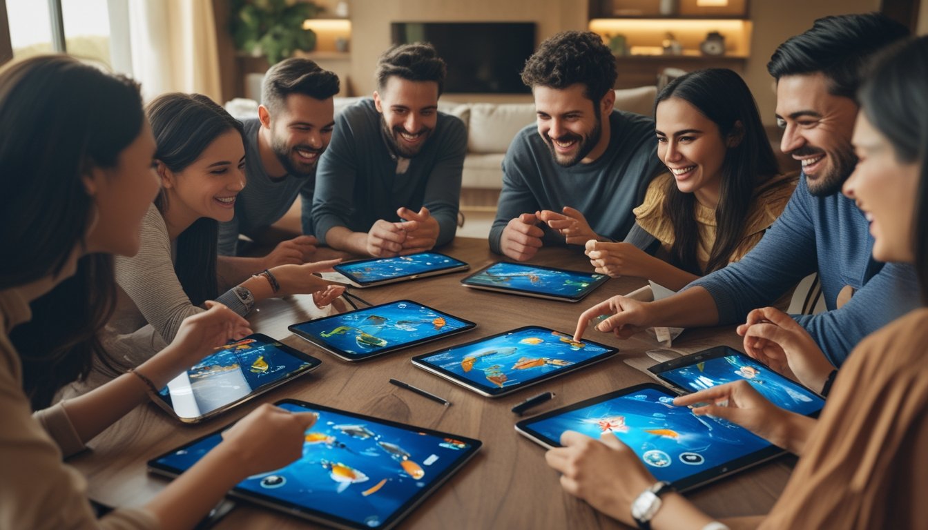 Sekelompok teman bermain permainan tembak ikan multiplayer bersama di ruang tamu yang nyaman.