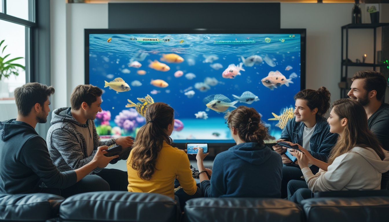 Sekelompok orang muda bermain permainan tembak ikan multiplayer bersama di depan layar besar dengan grafik ikan berwarna-warni.