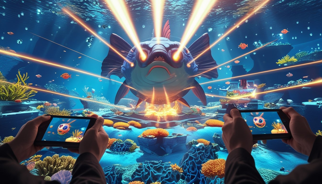 Beberapa tangan pemain sedang bermain game tembak ikan dengan ikan bos besar di tengah layar bawah laut.