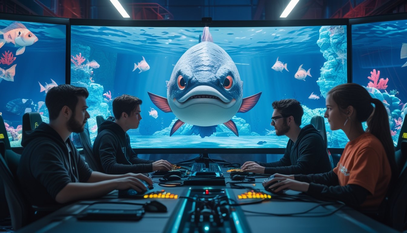 Sekelompok pemain game sedang fokus bermain game tembak ikan dengan layar menampilkan ikan bos besar yang menantang.