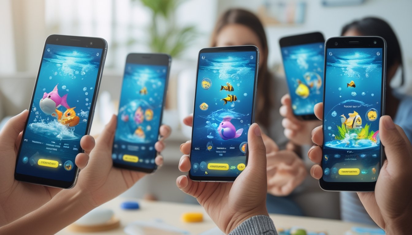 Beberapa tangan memegang smartphone yang menampilkan permainan tembak ikan dengan animasi ikan berwarna-warni di layar.